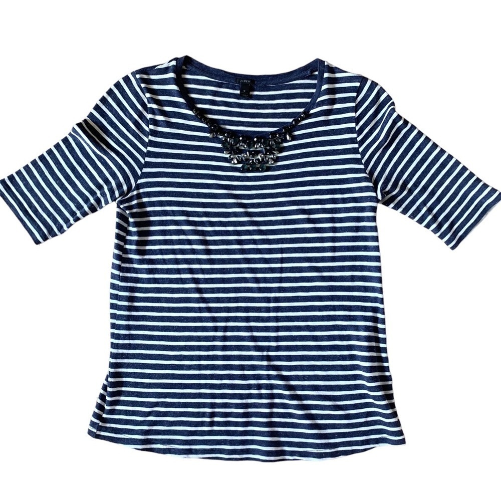J. Crew Navy Blue and White Striped Gem Neckline Office Career Top
